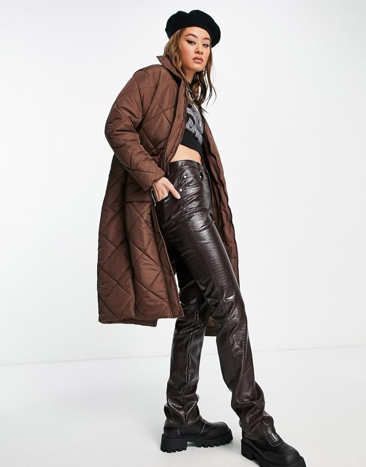 Violet Romance Longline Diamond Quilt Puffer Coat With Funnel Neck In Chocolate Brown