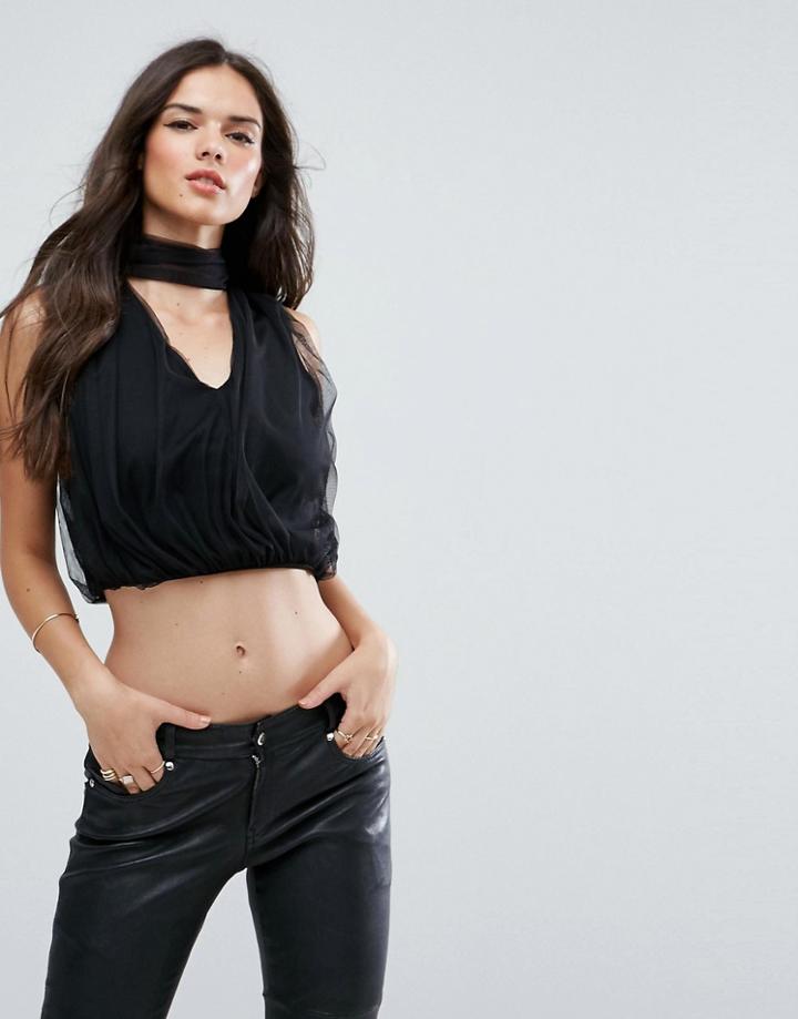 Asos Top In Mesh With Choker Plunge Neck & Bow Detail - Pink