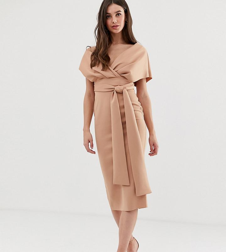 Asos Design Tall Fallen Shoulder Midi Pencil Dress With Tie Detail-black