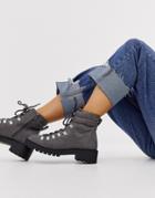 New Look Lace Detail Chunky Flat Hiker Boots In Mid Gray