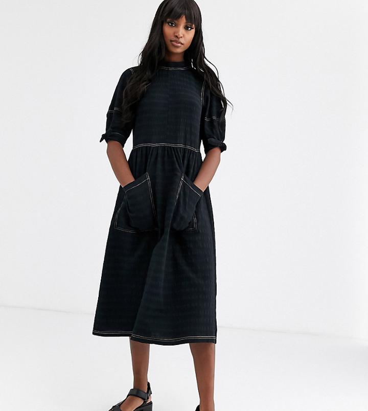 Asos Design Tall Textured Midi Smock Dress With Tie Sleeves - Black