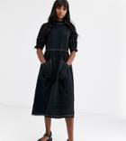 Asos Design Tall Textured Midi Smock Dress With Tie Sleeves - Black