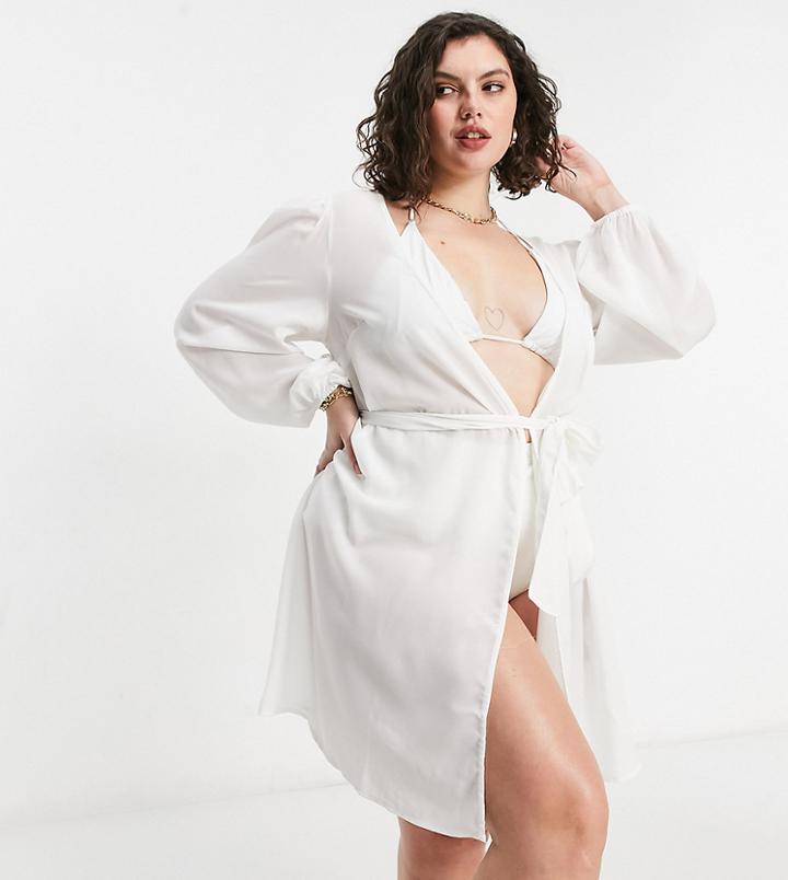 Asos Design Curve Chiffon Belted Beach Kimono In White