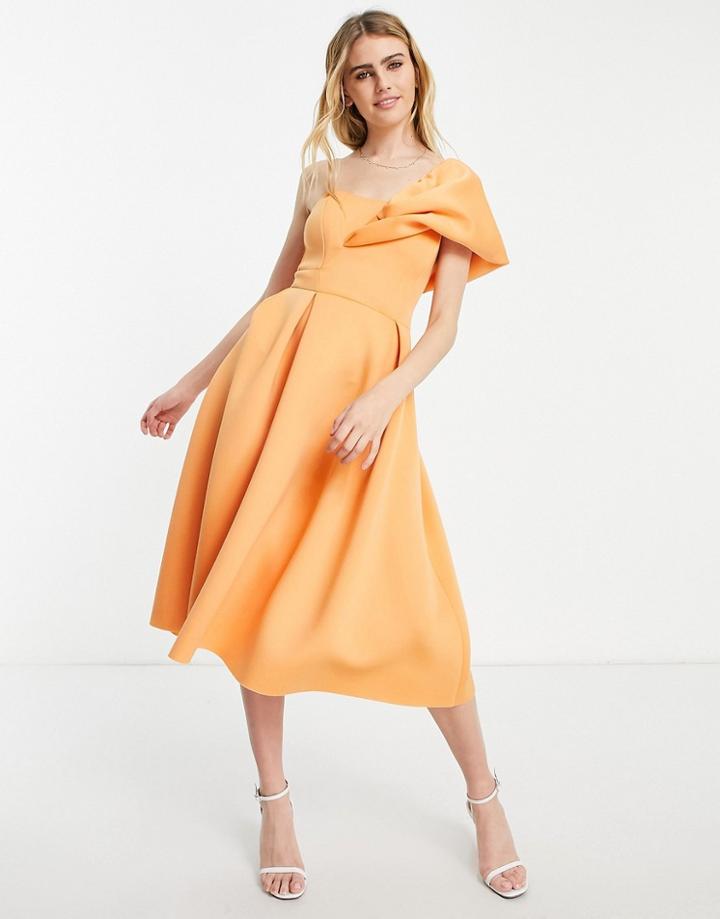 Asos Design One Shoulder Pleat Front Prom Dress In Apricot-orange