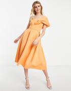 Asos Design One Shoulder Pleat Front Prom Dress In Apricot-orange