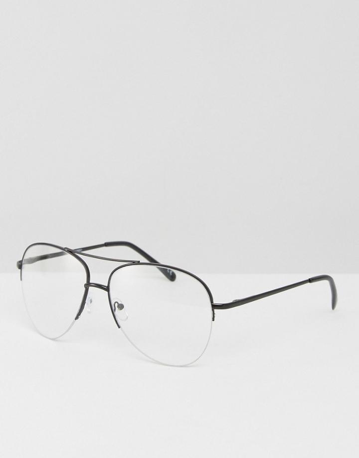 Asos Half Frame Geeky Clear Lens Metal Aviator Glasses - Black