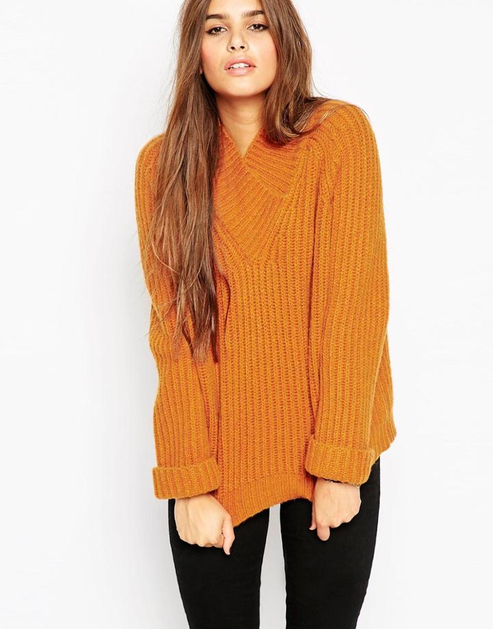 Asos Chunky Rib Sweater With V-neck - Tobacco