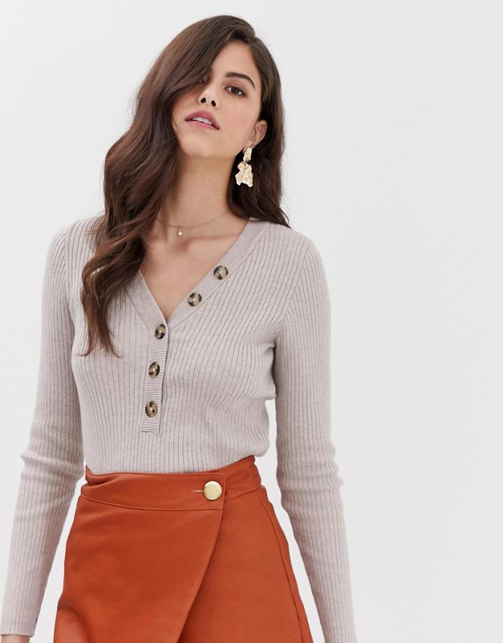 Vila Button Front Ribbed Sweater-beige