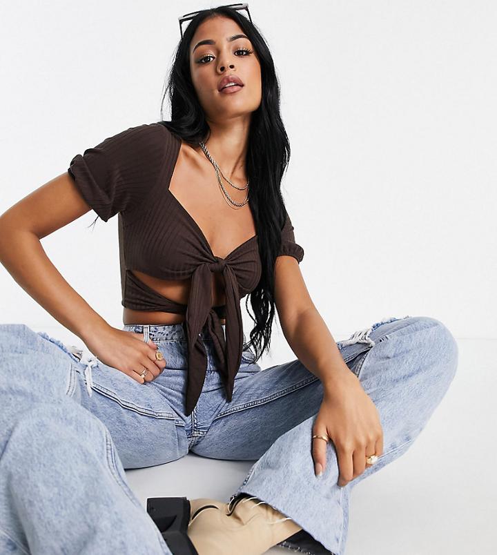 Missguided Tall Ribbed Knot Front Crop Top In Brown