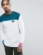 Asos Design Relaxed Long Sleeve T-shirt With Color Block Detail And Geo-tribal Chest Print - White