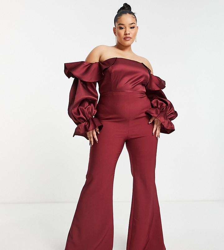 Asos Luxe Curve Satin Bardot Jumpsuit In Wine-purple
