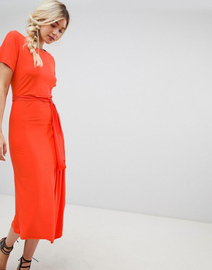 Warehouse Tie Detail Midi Dress In Orange - Red