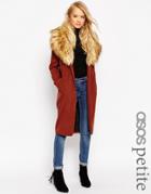 Asos Petite Coat In Oversized Fit With Faux Fur Collar - Ginger