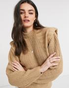 Asos Design Sweater In Mixed Rib With Shoulder Detail In Camel-green