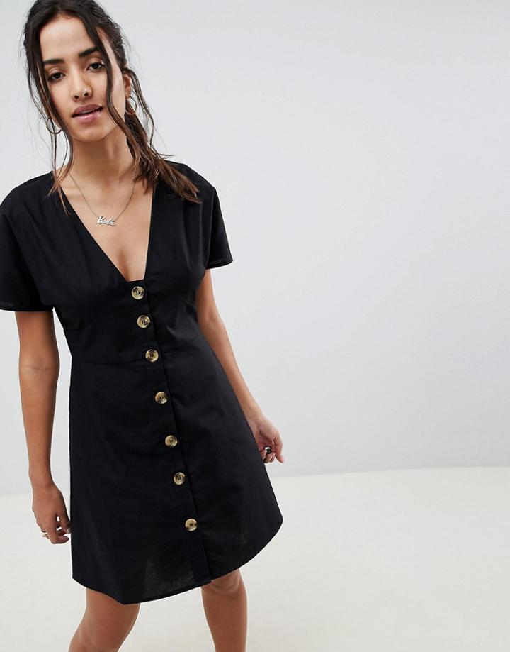 Asos Design Button Through Mini Casual Skater Dress-black