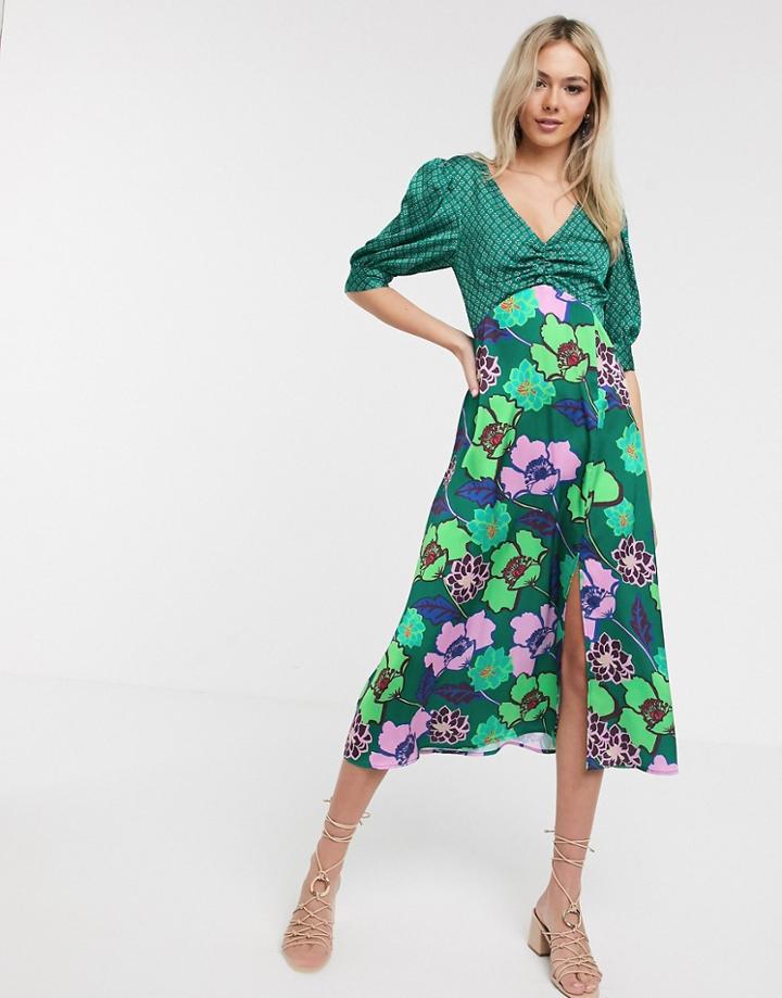Liquorish Satin Midi Dress In Green Floral