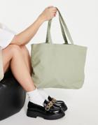 Asos Design Canvas Shopper Bag With Laptop Compartment In Sage-green
