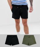 Asos Design Jersey Shorts 2 Pack In Shorter Length Black/khaki-multi