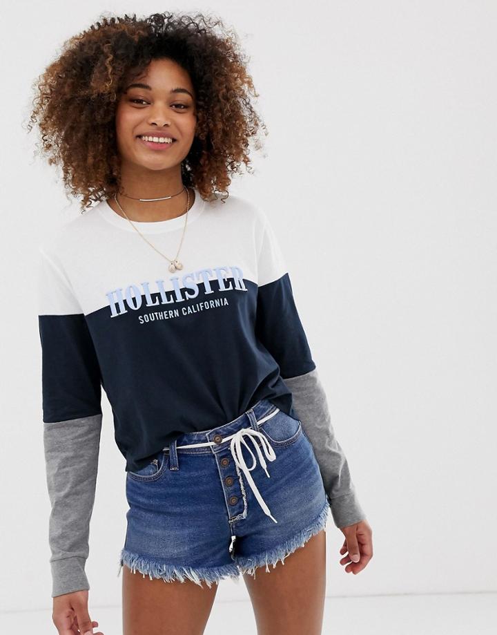 Hollister Long Sleeve T-shirt With Logo - Navy