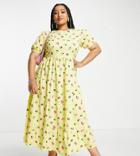 Neon Rose Plus Open Back Midi Tiered Smock Dress In Lemon Fruit Print-yellow