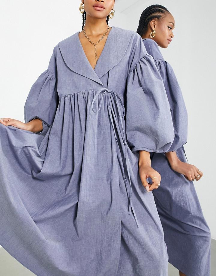 Asos Edition Wrap Smock Midi Dress With Collar In Washed Blue-blues