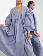 Asos Edition Wrap Smock Midi Dress With Collar In Washed Blue-blues