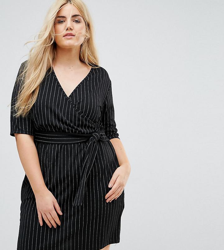 Pink Clove Wrap Dress In Pinstripe - Black