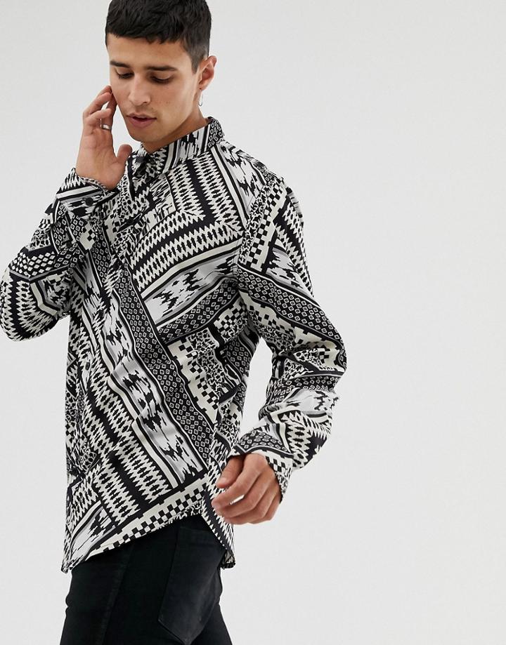 Another Influence Geo-tribal Print Long Sleeve Shirt-black