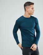 Asos Design Longline Crew Neck T-shirt With Long Sleeves In Green - Green