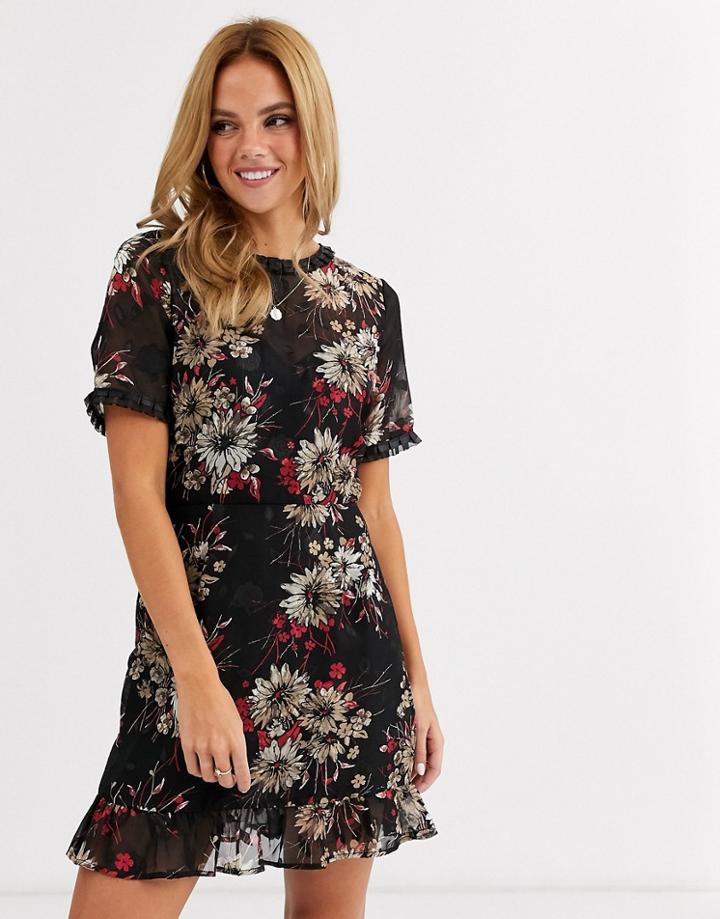 Moon River Floral Print Sheer Dress-black