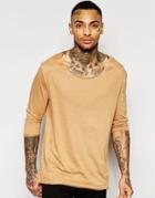 Asos 3/4 Sleeve Top With Raw Edge Stretch Neck And Dropped Hem In Tan - Camel