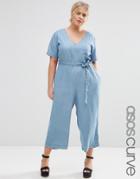 Asos Curve Denim Jumpsuit With Belt - Mid Wash Blue