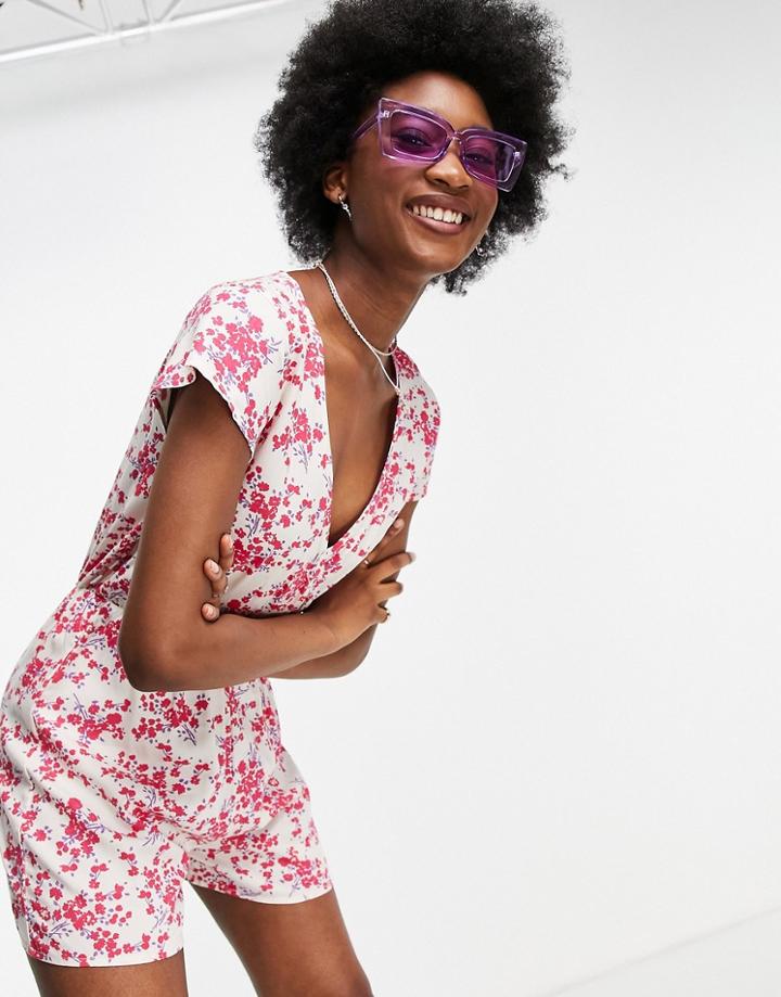 Jdy V Neck Romper In Pink Floral-multi