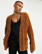 Asos Design Knitted Chenille Cardigan In Light Brown