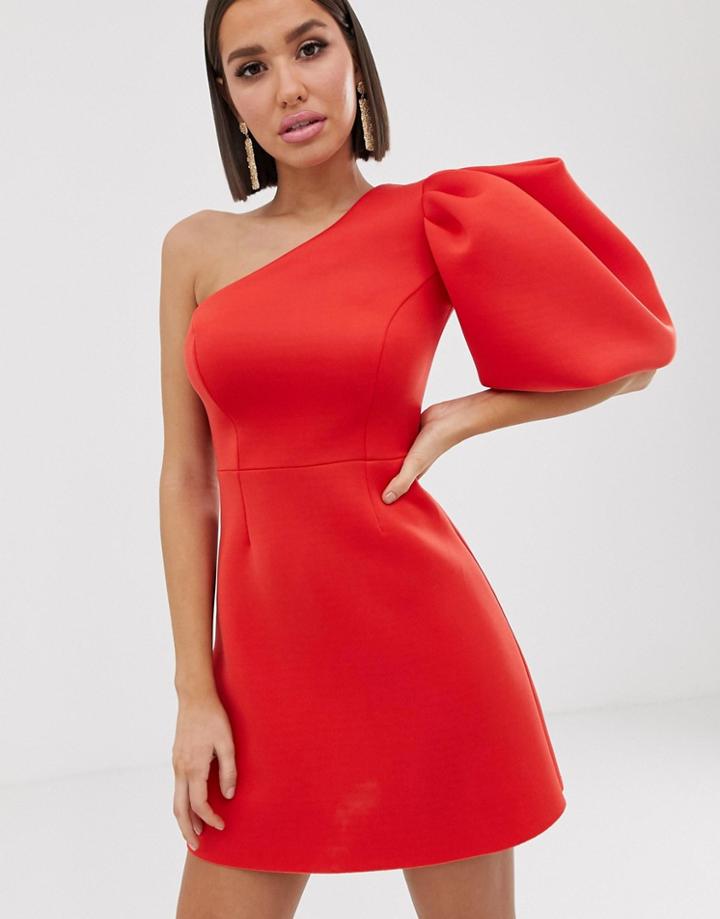 Asos Design One Shoulder Puff Sleeve Mini Skater Dress-red