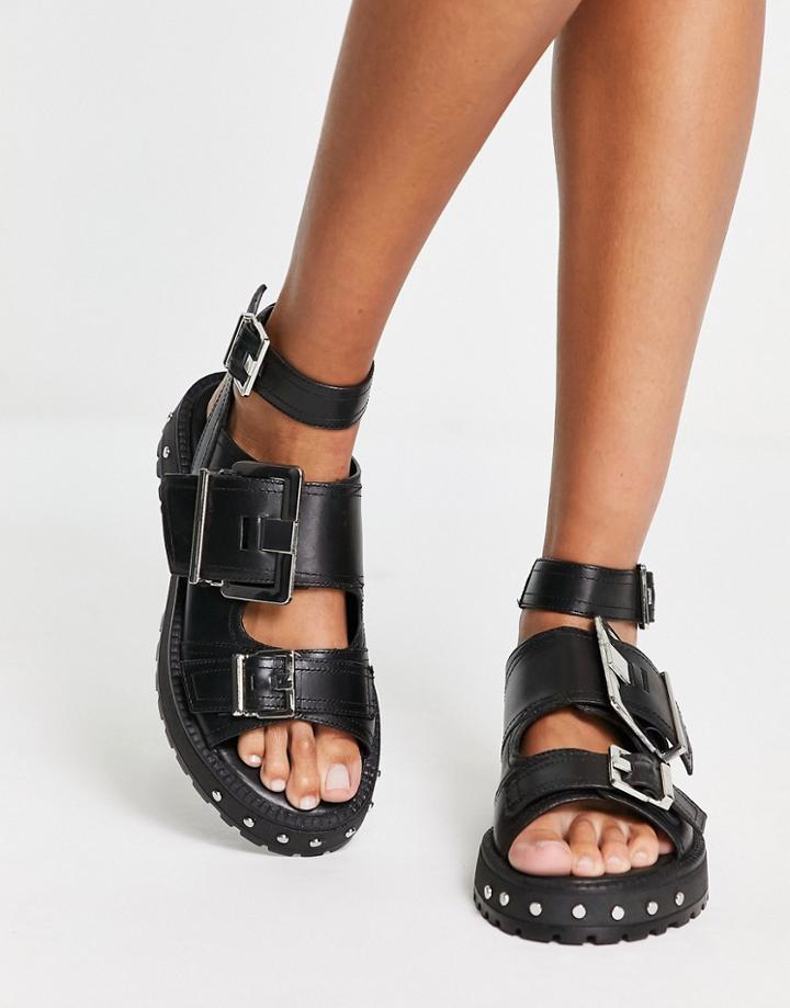 Asos Design Finchley Premium Leather Chunky Flat Sandals With Buckles In Black