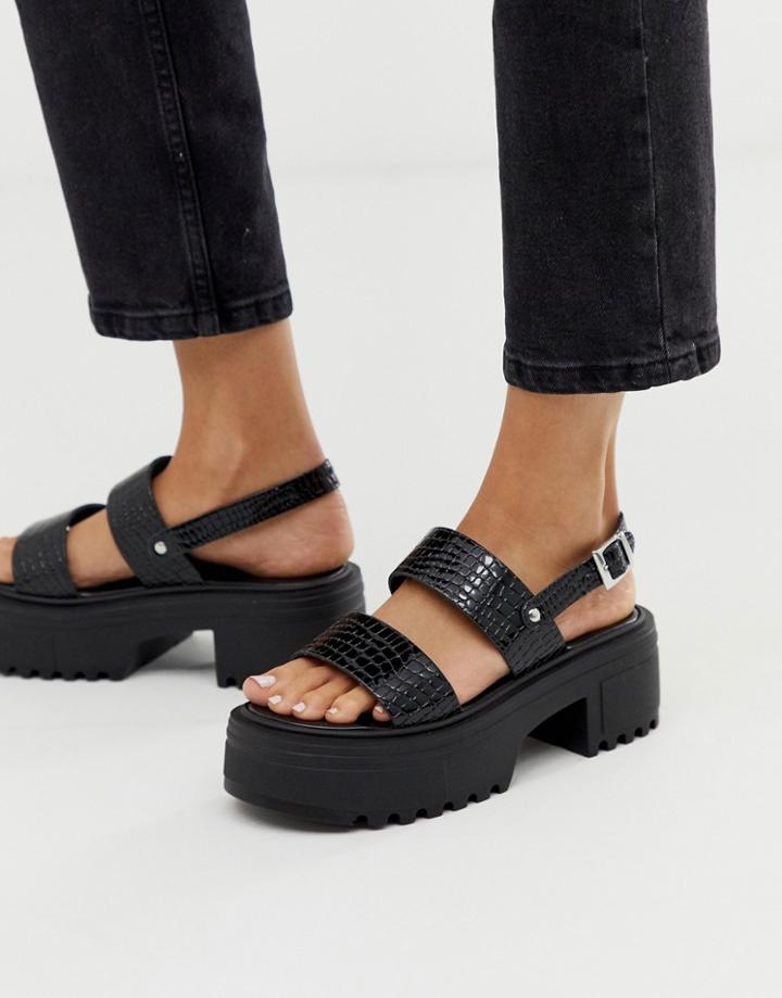 Asos Design Finalist Chunky Flat Sandals In Black Patent Croc - Black