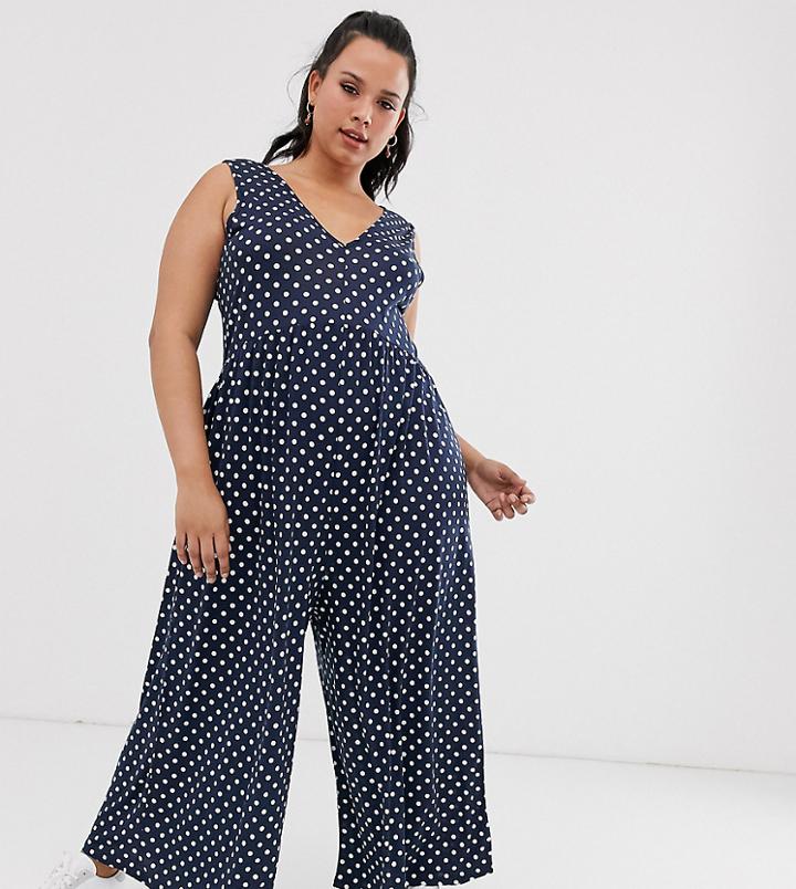 Asos Design Curve Curved Smock Jumpsuit In Navy Polka Dot - Multi