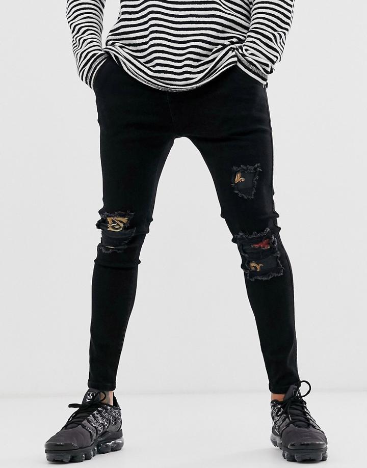 Siksilk X Dani Alves Skinny Jeans In Black With Floral Patches - Black