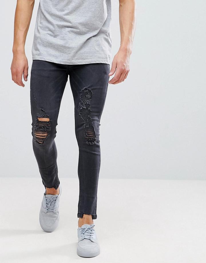 Brave Soul Skinny Frayed Ripped Jeans - Black