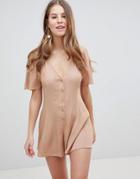 Asos Design Swing Romper In Crinkle With Button Detail - Beige