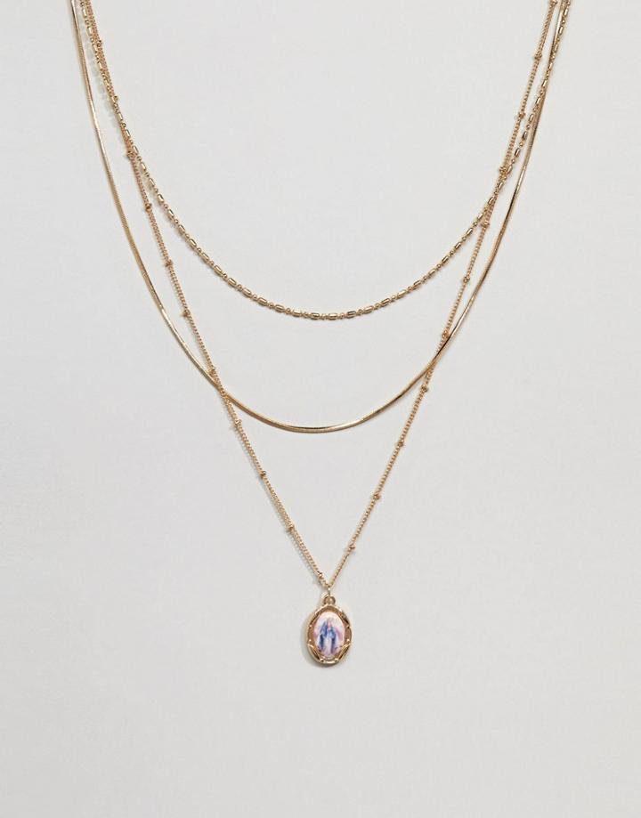 Asos Design Multirow Necklace With Delicate Chain And Vintage Style Icon Charm In Gold - Gold