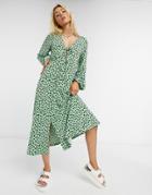 Asos Design Midi Tea Dress With Tie Detail In Green Spot Print