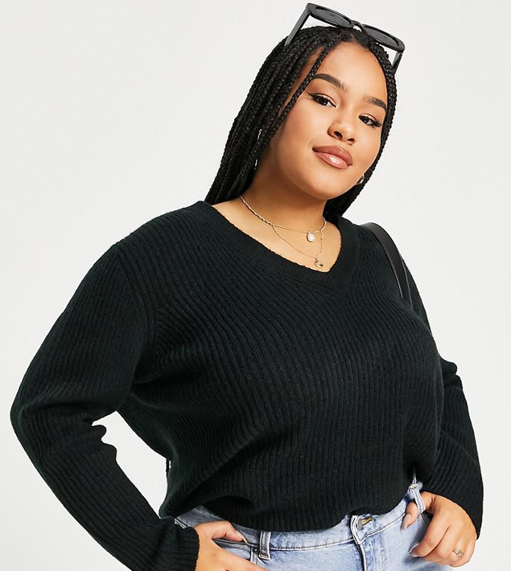 Asos Design Curve Boxy Sweater In V Neck With Rib In Black