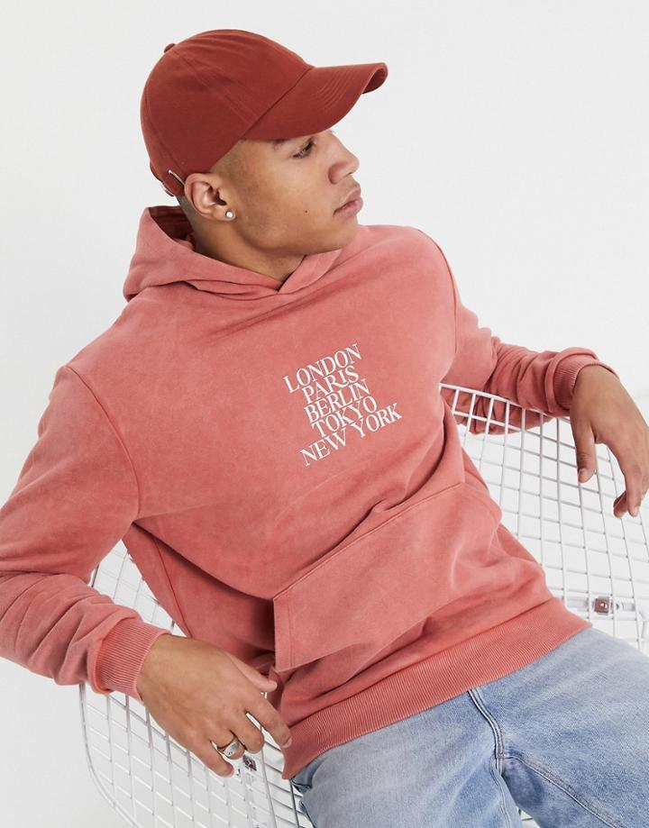 Asos Design Hoodie In Washed Red With City Print