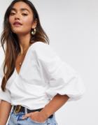 Asos Design Cotton Fallen Shoulder Wrap Top With Volume Sleeve In Ivory-white