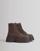 Bershka Chunky Lace Up Flat Boot In Chocolate With Tonal Sole-brown