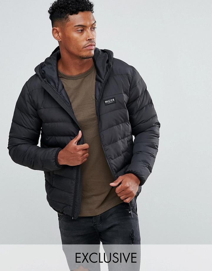 Nicce London Puffer Jacket In Black With Hood - Black