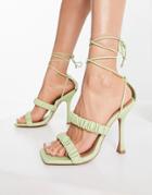 Asos Design Nab Ruched Tie Leg Heeled Sandals In Lime-green