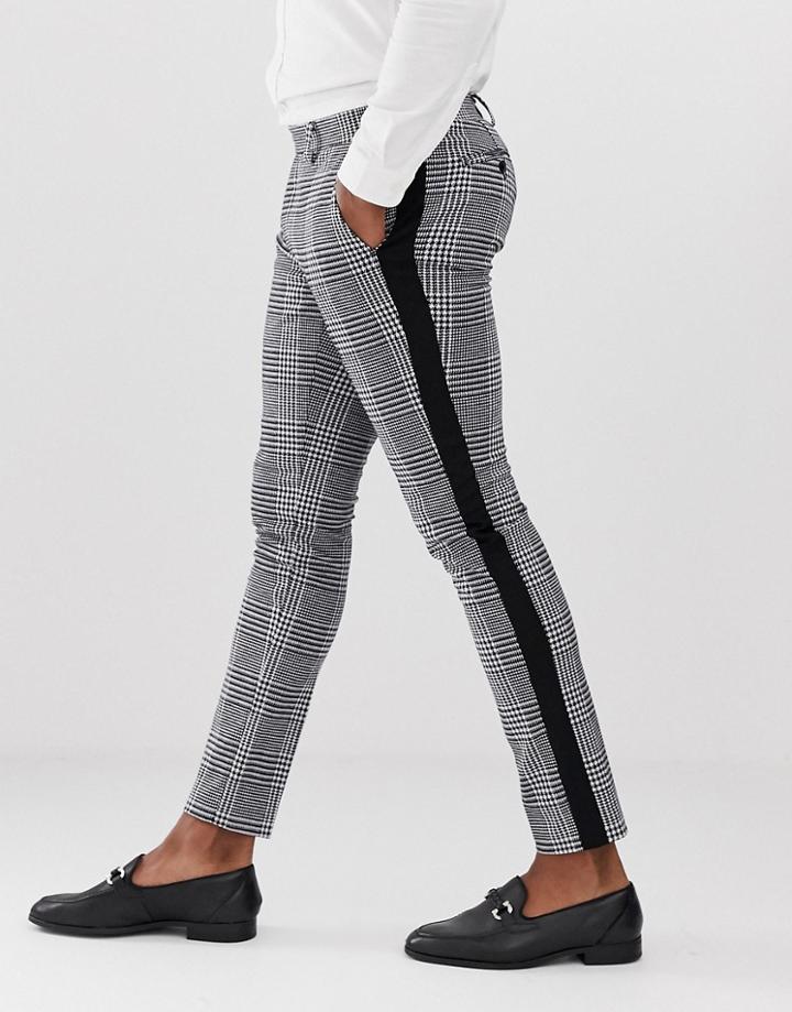 Devils Advocate Skinny Black And White Check Side Stripe Pants - Black